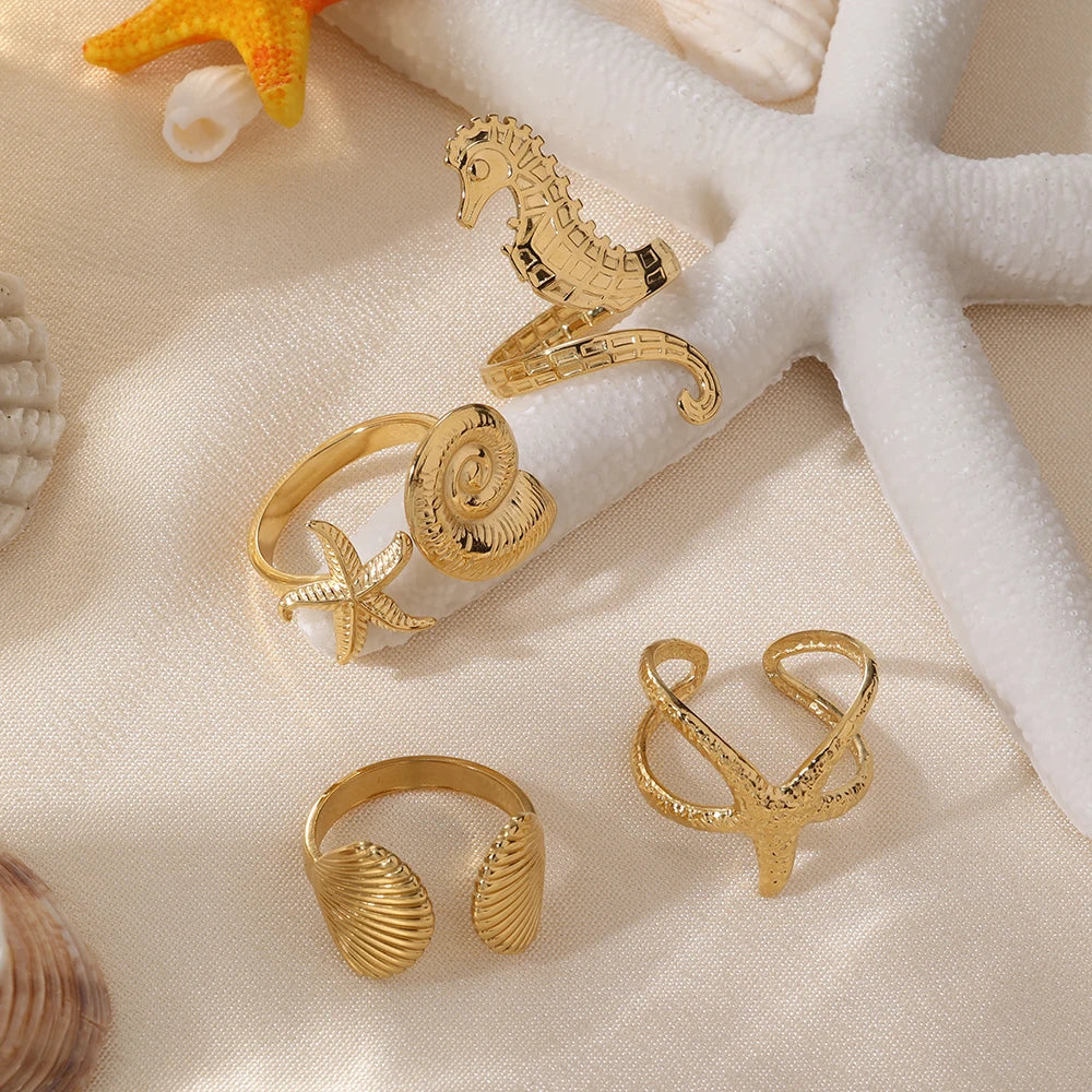 Cute Stainless Steel Seashells Seahorses Starfish and Marine Creatures  Open Ring 18k Gold Plated Jewelry for Women