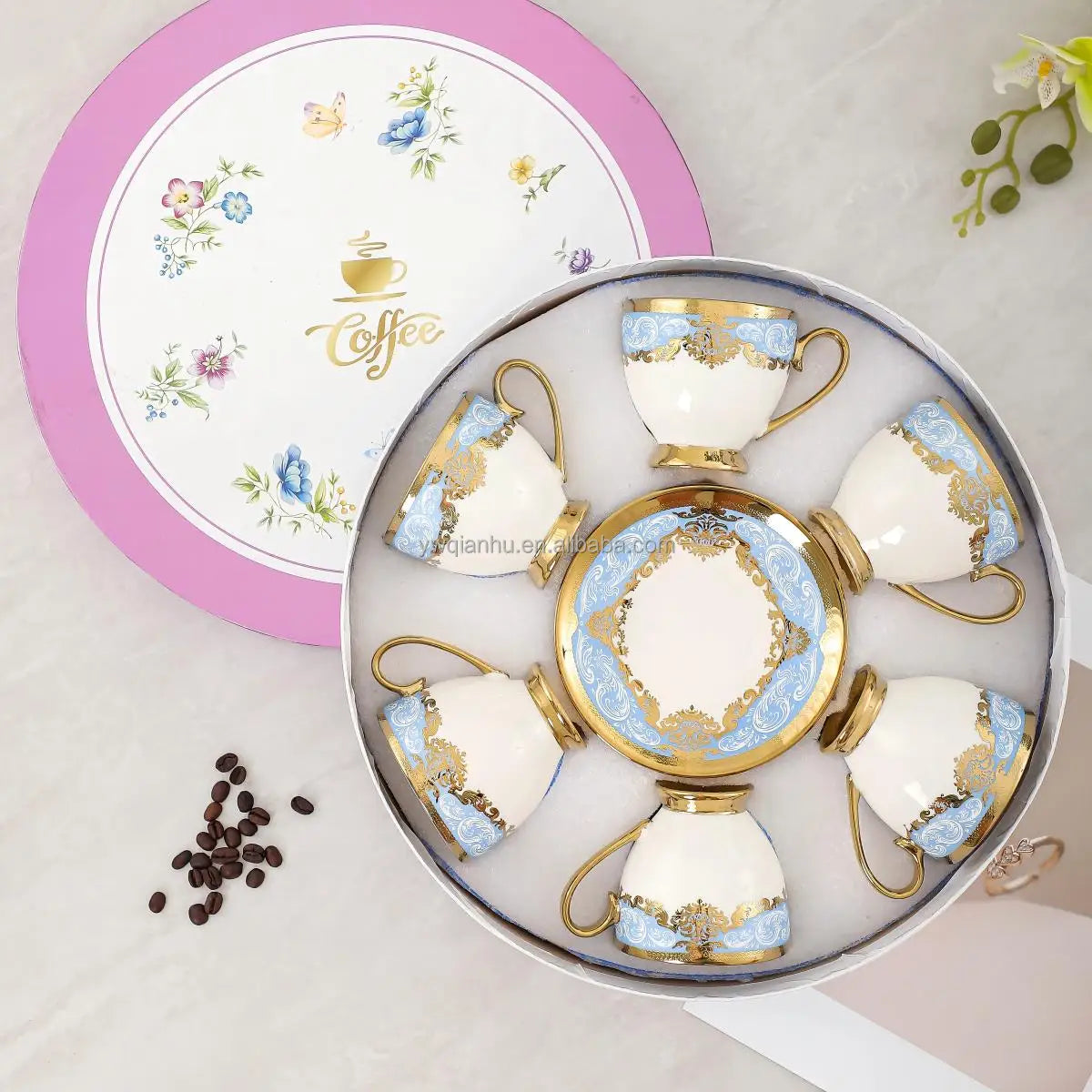 2026 QIAN HU Luxury Modern Eco-Friendly British Golden Rim Fancy Coffee Tea Cup and Saucer Set Porcelain