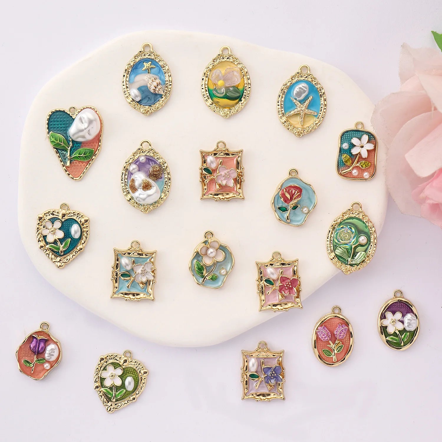 Monet Garden Oil Painting Pearl Pendant Van Gogh Flower Gold Plated Necklace Oil Painting Style White Pearl Pendant