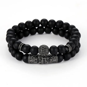 Jingcan Crystal 2 Pcs Set Natural Stone Beads Bracelet 8mm Mens Matte Black Agate Onyx Bead Bracelet