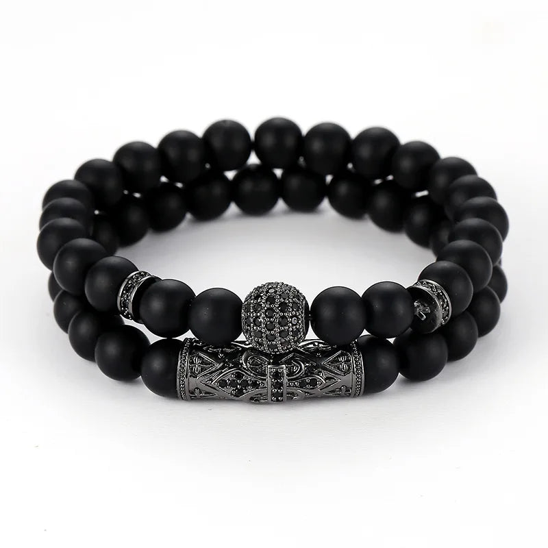 Jingcan Crystal 2 Pcs Set Natural Stone Beads Bracelet 8mm Mens Matte Black Agate Onyx Bead Bracelet