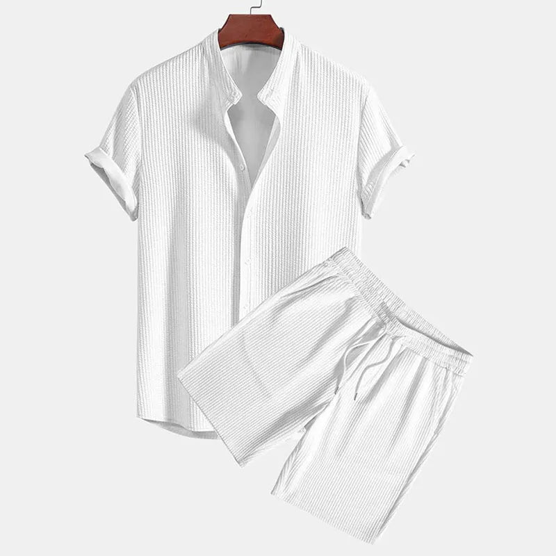 RNSHANGER Men Casual Solid Stripe Breathable Two Piece Set Short Sleeve Shirts Shorts Suits Summer Streetwear Outfits
