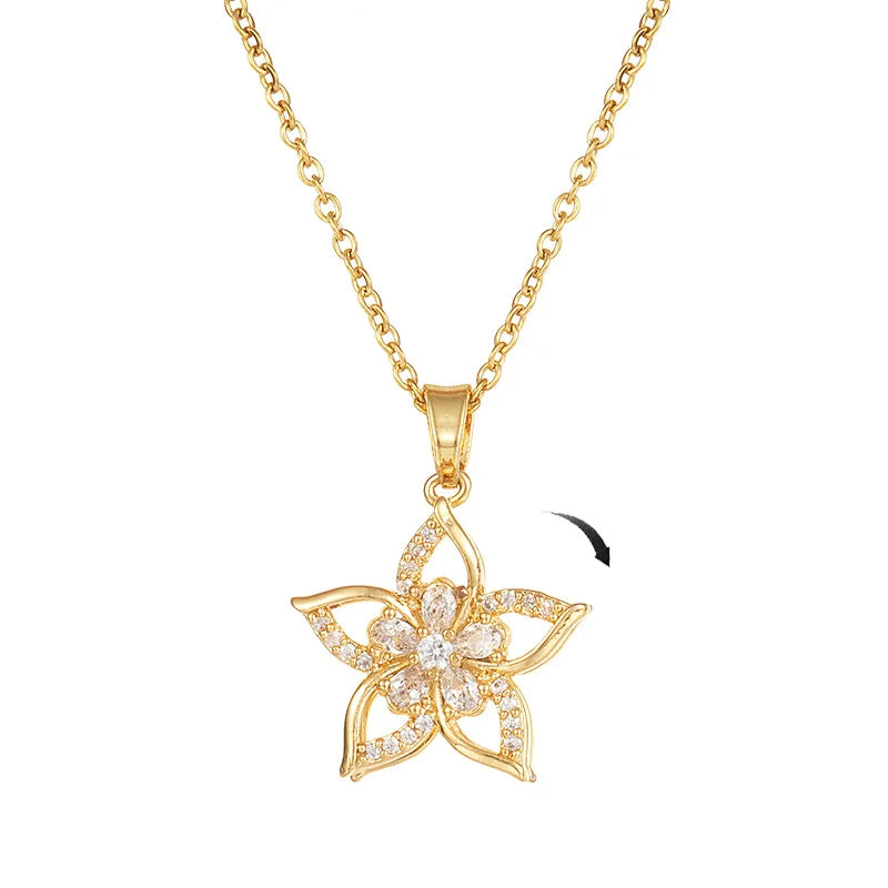18k Gold Plated Stainless Steel Flower Necklace Jewelry Rotating Decompress Bling Zircon Flower Pendant Necklace