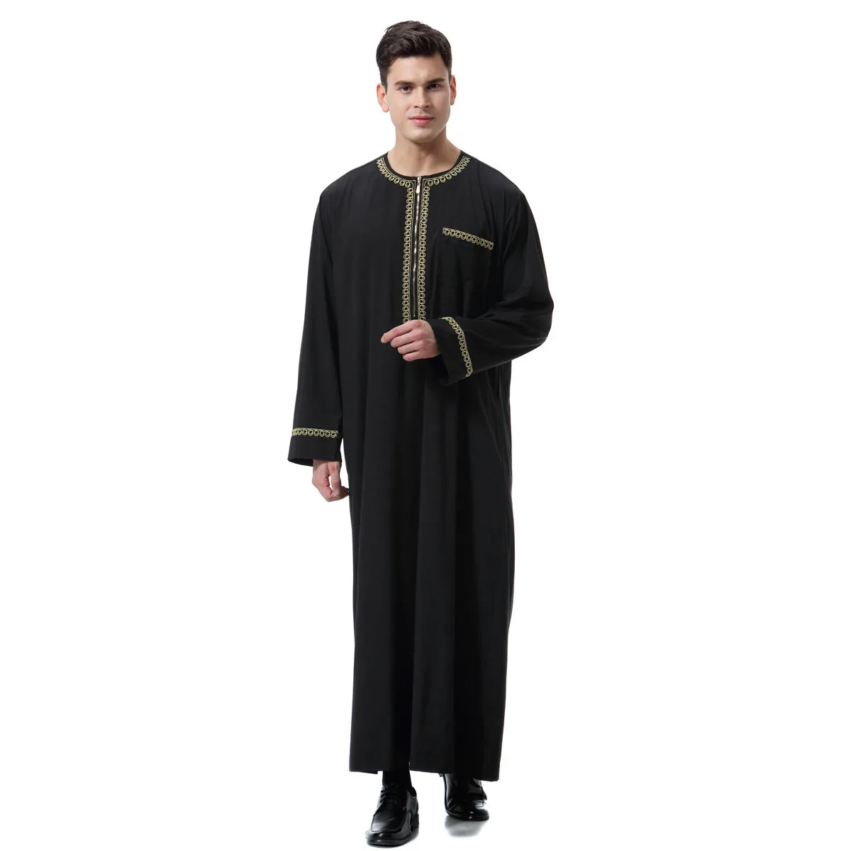 Men Arabic Long Sleeve Printing Muslim Thobe Crew Collar Kaftan Robe With Zipper