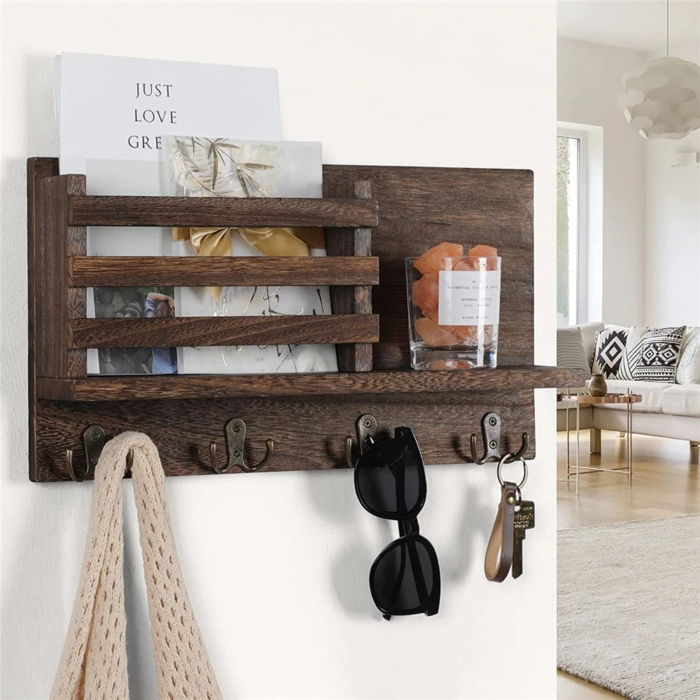 New Style Black Wooden Key Holder for Wall Mail Organizer Wall Mount With 4 Hooks