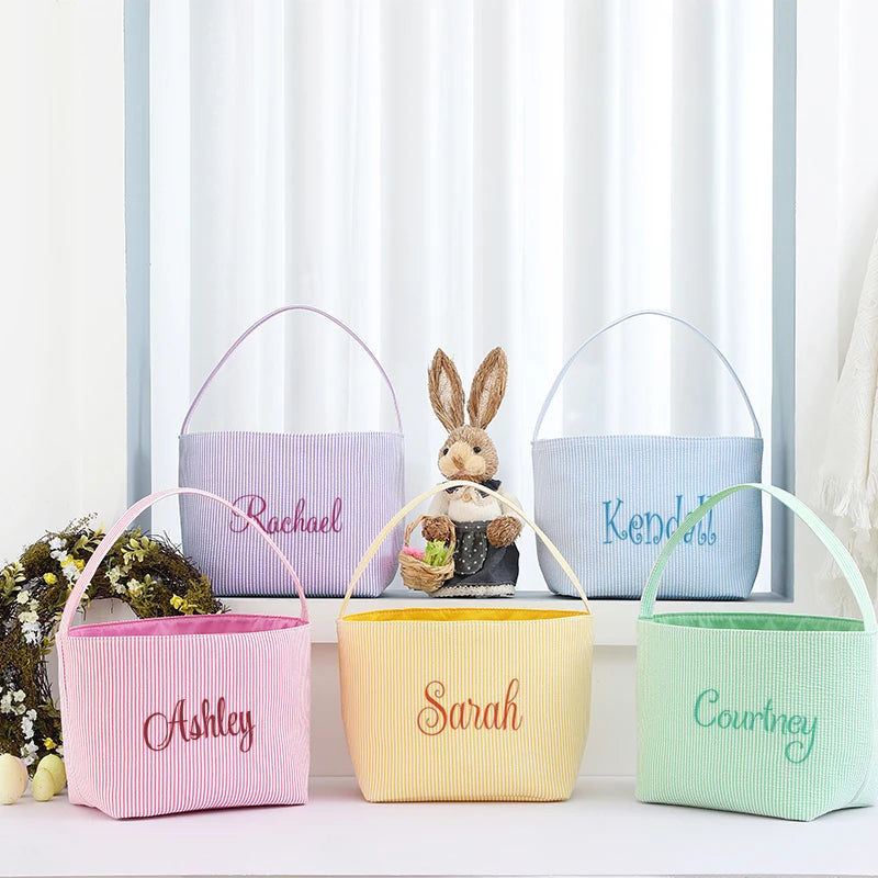 Wholesale Kids Gift Sublimation Lovely Decor Bag Blank Seersucker Easter Baskets