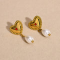 Luxury Trendy Heart Red Zircon Stud Earring Pearl Drop Earring Stainless Steel Gold Plated Earring for Women
