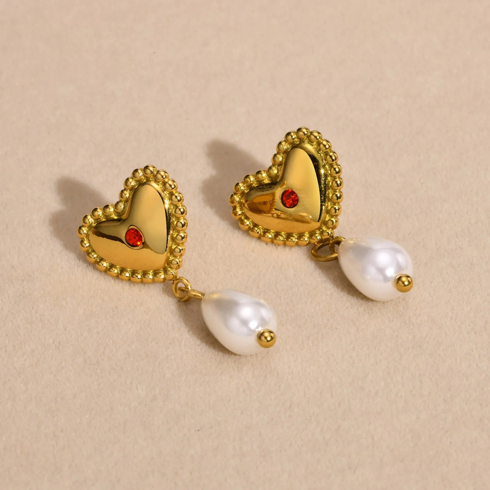 Luxury Trendy Heart Red Zircon Stud Earring Pearl Drop Earring Stainless Steel Gold Plated Earring for Women