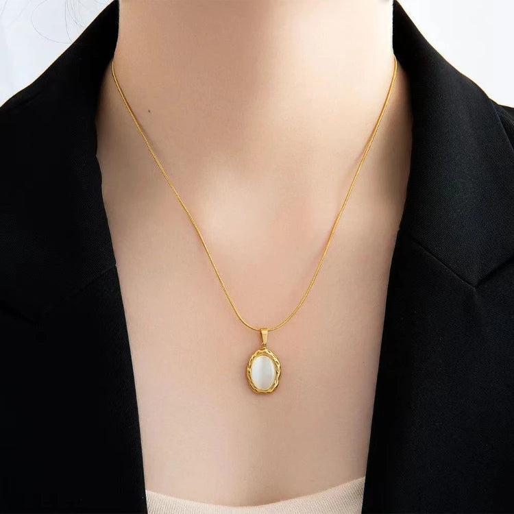 MC336 Wholesale Stainless Steel Chokers Oval Cat's Eye Stone Pendant Necklace 18K Gold Plated Chain Necklace Women Jewelry