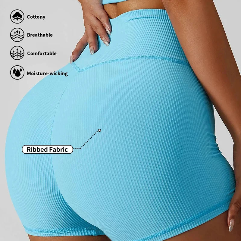 Women's Breathable Crossover Waist Gym Sports Active Scrunch Butt Booty Lifting Yoga Shorts Solid Ribbed Gym Shorts for Ladies