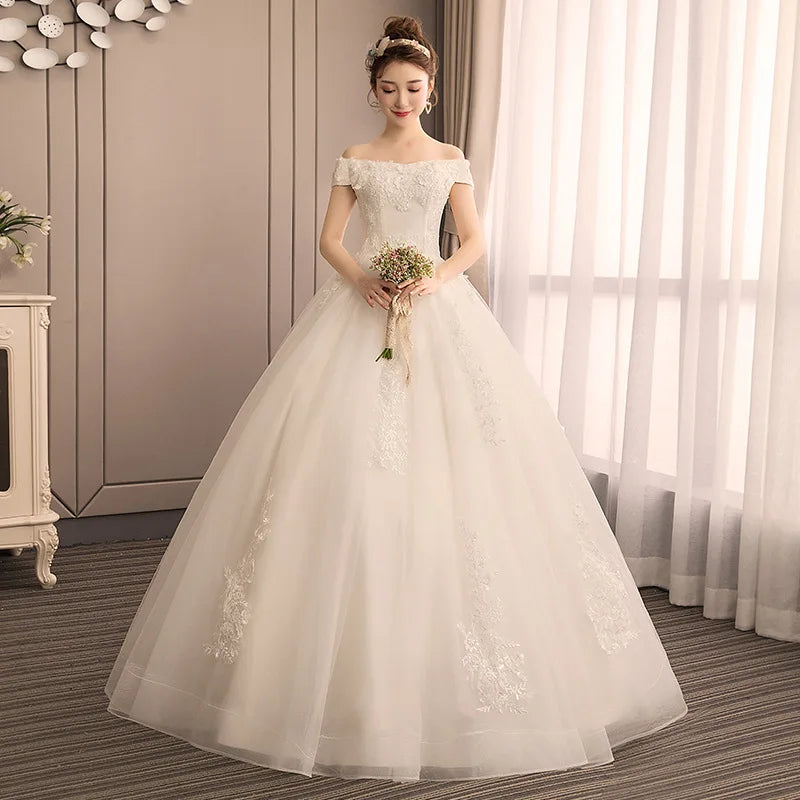 2021New Arrival Top Quality Elegant Off the Shoulder Plus Size Lace Flowers Tulle Wedding Dress