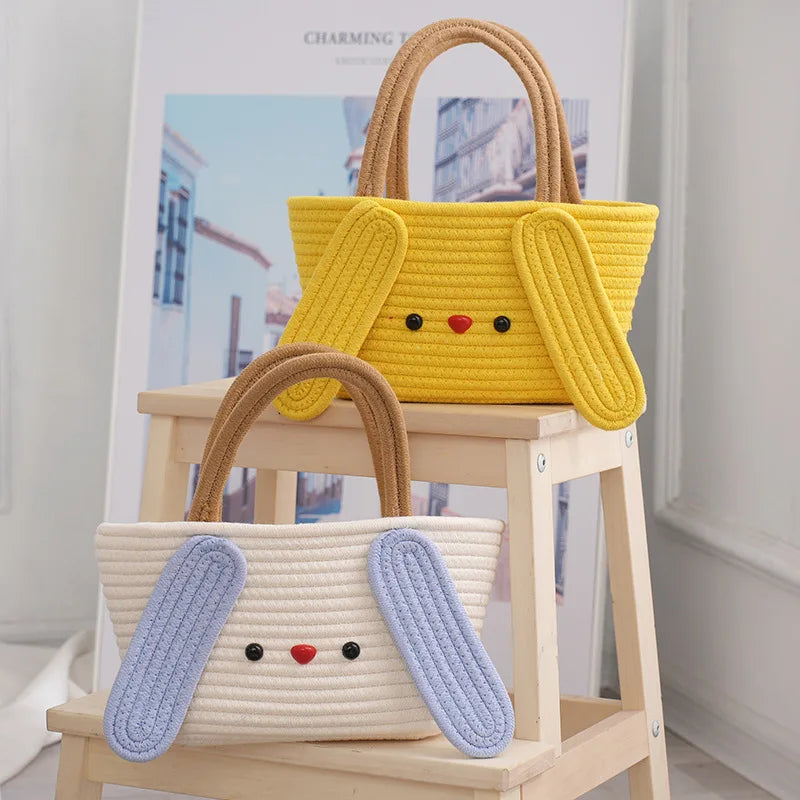 Lady Girls Open Two Handles Bucket Tote Beach Bag with Cute Dog Design