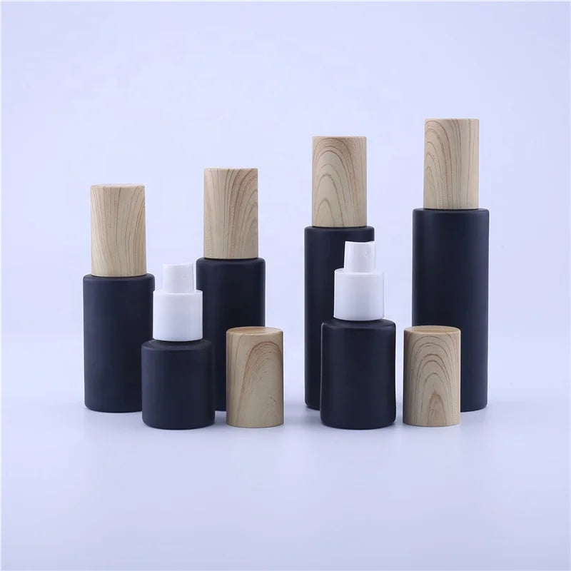 New Wood Grain Series Cosmetic Perfume Matte Black Glass Spray Cream Bottle Jar Straight Circle Shape 20-80ML