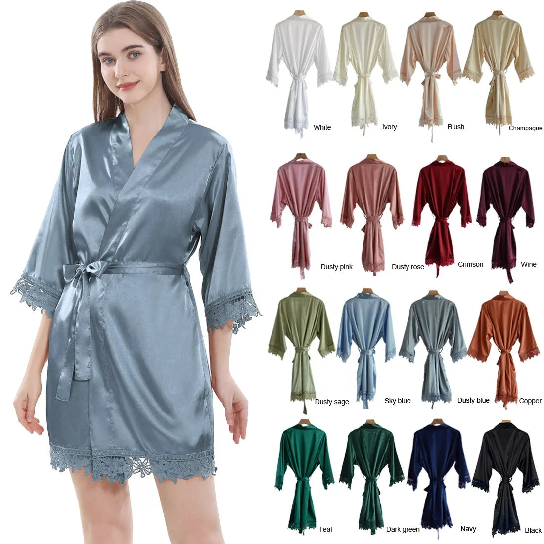 Women's Luxury Soft Silk Satin Night Dress Elegant Short Length Lace Robe Plus Size Bridal Sleepwear for Summer Party Wholesale