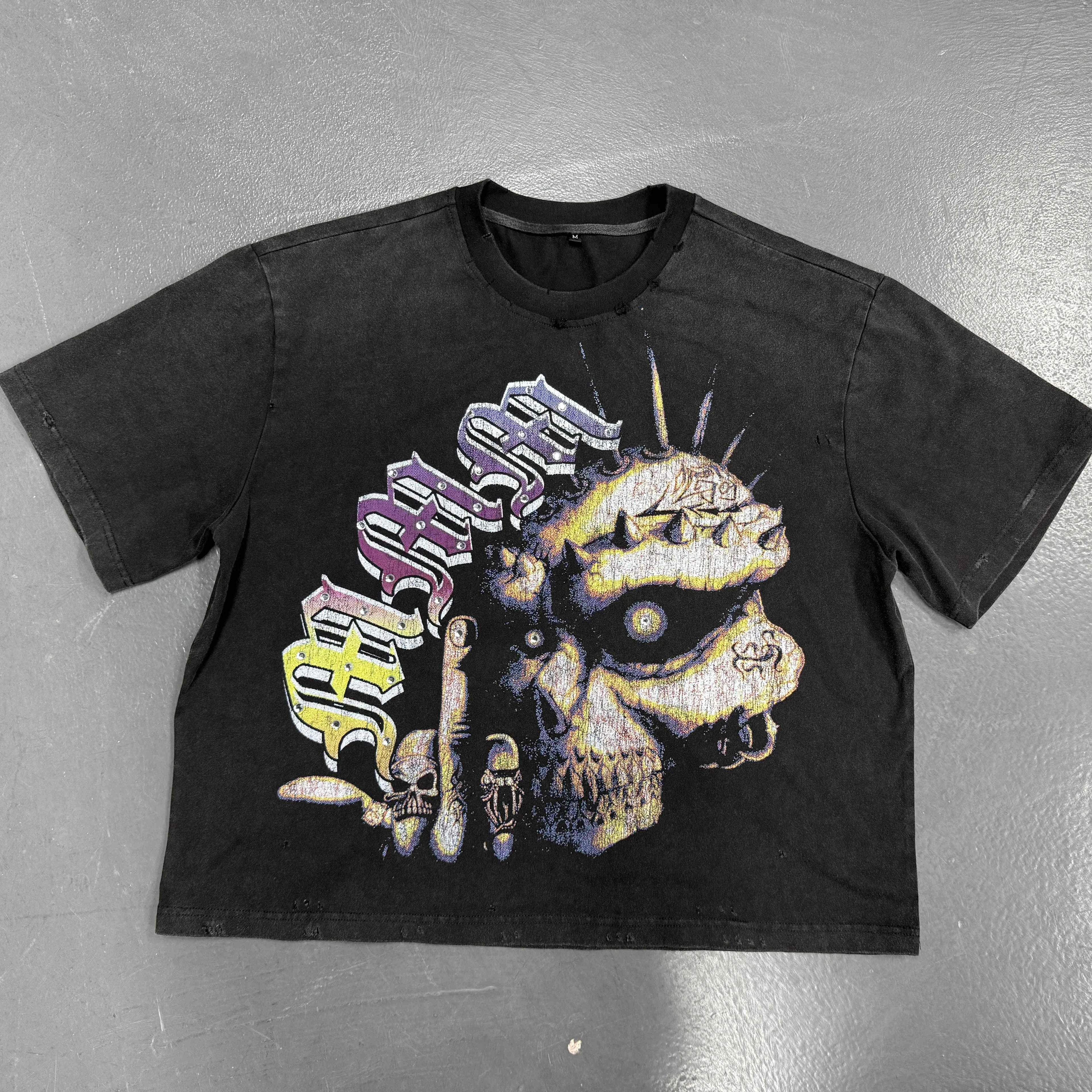 250gsm Heavy Weight Vintage t Shirt Washed Cotton Black T-shirts Black Oversized Acid Washed Digital Printing Graphic Tshirts