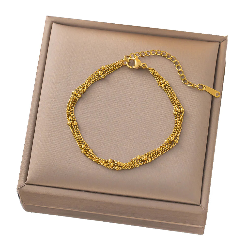 European American Vintage Style New Fashion 18K Gold Plated Stainless Steel Multi-Layer Chain Bracelet Women's Trendy Jewelry