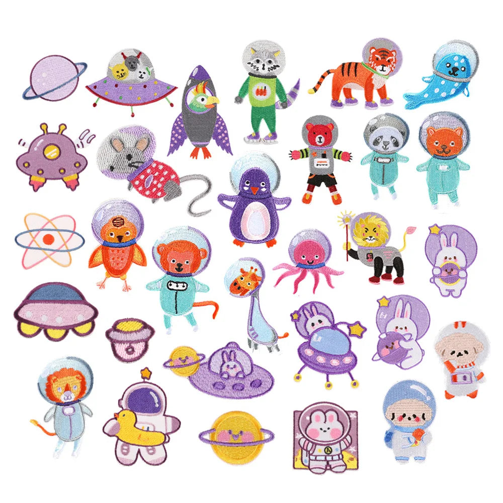 New Lovely Planet Space Animal Astronaut Design No Sew Self-adhesive Backing Embroidery Patches Stickers for Diy Craft