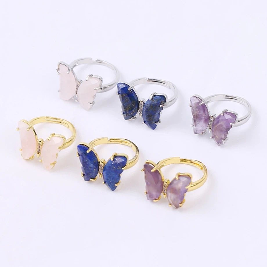 Hot Selling Crystal Ring Natural Gemstone Butterfly Shaped Ring Women's Copper Material Electroplated Color