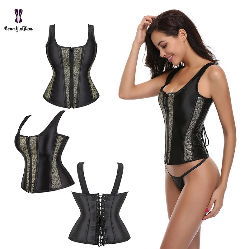 Women's Gothic Punk Style Stock Cleaning Corset Big 10 Stainless Steel Bone Korset Plus Size Waist Trainer Vest with Zipper
