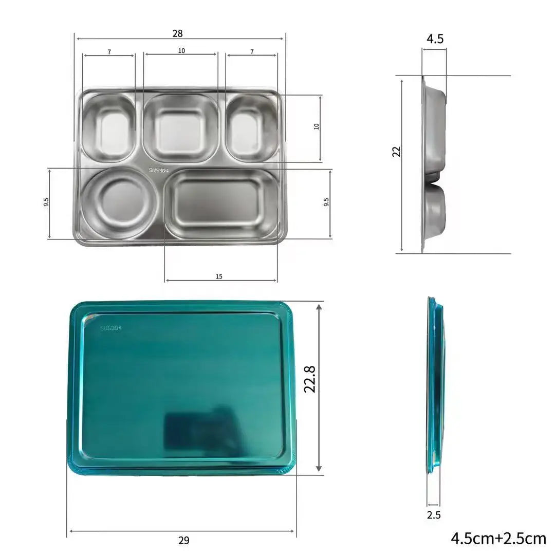YITIAN Food Tray SUS 304 Stainless Steel 5 Compartments Lunch Tray School Fast Food Divided Dinner Mess Plates With Steel Lid