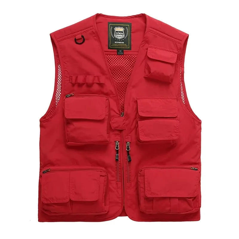 Multi-Pocket Photography Vest Jacket Crocheted Performance Reporter Media Clothing with Zipper Closure Customizable Logo Print