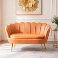 Orange Velvet Modern Sectional Loveseat Sofa Scalloped Channel Stitch Back Gold Piping Slender Gold Metal Legs Entryway/Boutique