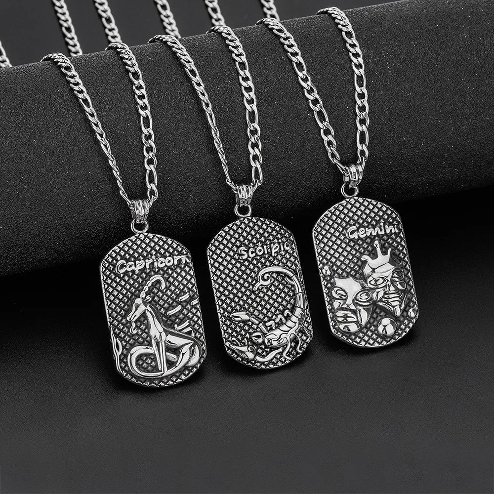 Fashion Retro Zodiac Necklace Personalized Hip Hop Men and Women Scorpio Taurus Pattern Stainless Steel Pendant Necklace Jewelry
