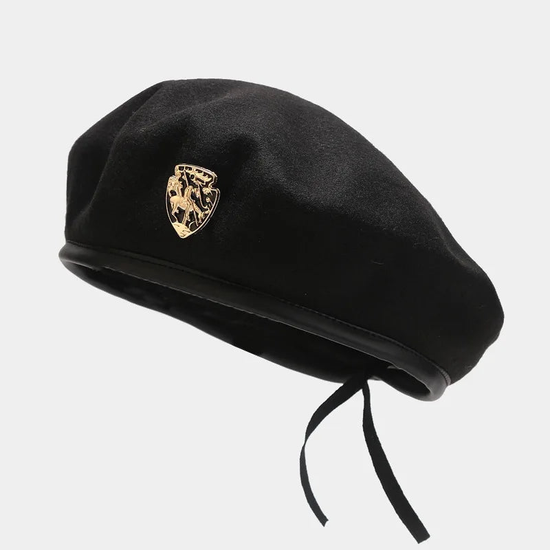2026 New Design Ladies Beret Custom Logo Black Wool Adjustable Beret Wholesale