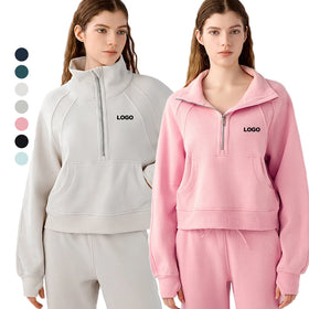 JY Half Zip Cropped Hoodie Women Quarter Zip Pullover Sweatshirt High Neck Gym Workout Tops Fleece Sport Tracksuit with Pocket
