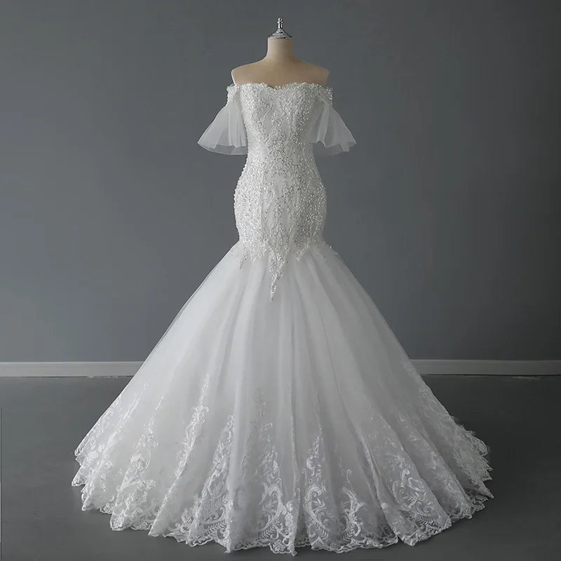 Fashionable Mermaid Dress White Fishtail Lace Tube Top Strap Bridal Wedding Dresses