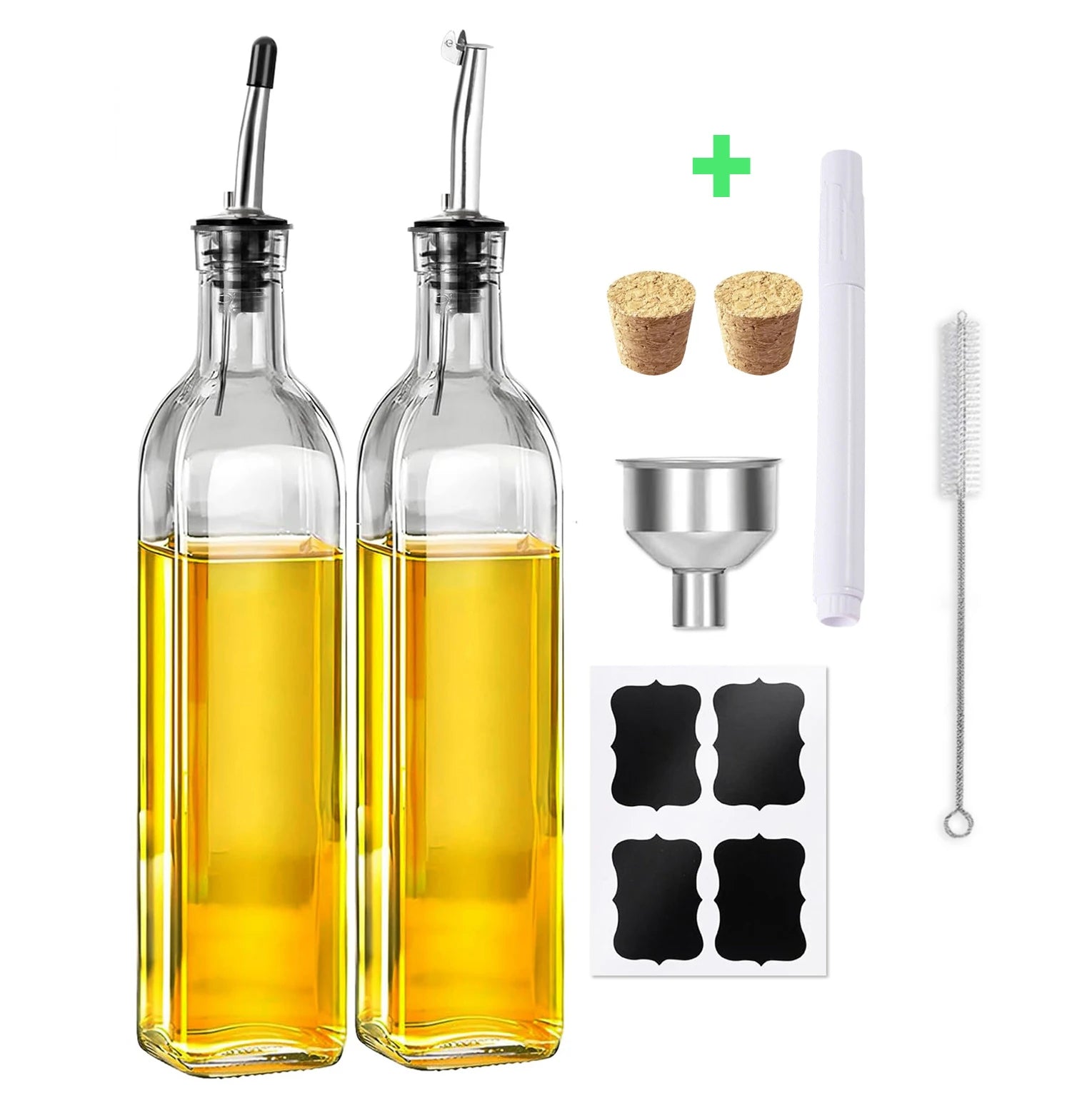 2PCS Glass Olive Oil and Vinegar Dispenser Set with Stainless Steel Pourers & Labels & Cleaning Brush Olive Oil Dispenser Bottle