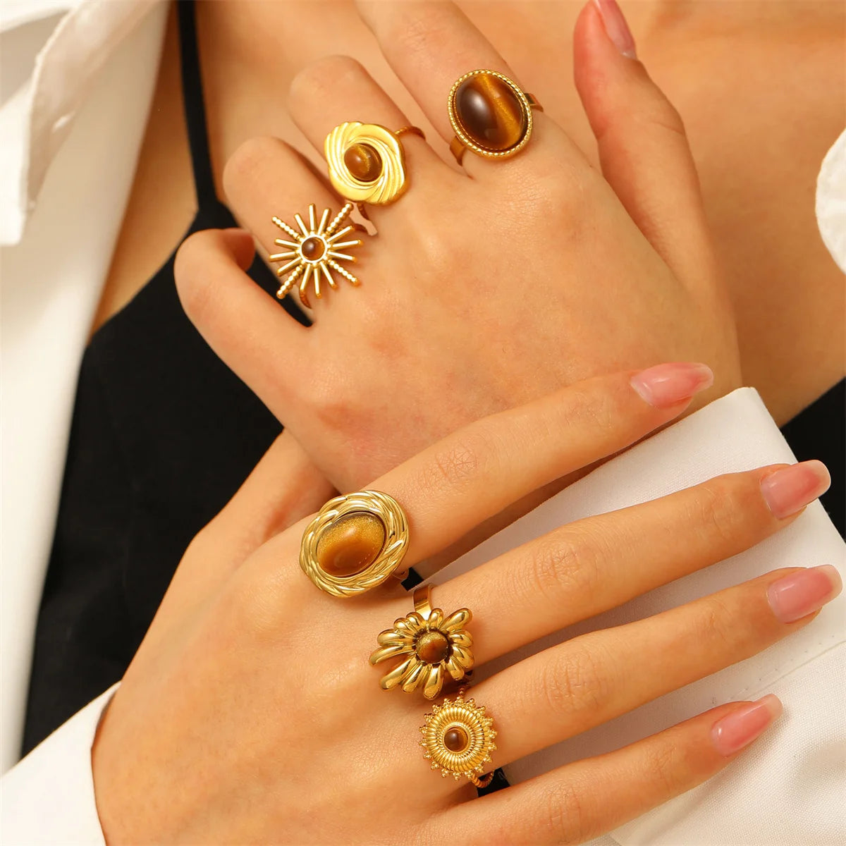 Waterproof Stainless Steel Stone Flower Rings for Women Trendy Lady Finger Ring Accessories on Hand Fashion Female Jewelry Gifts