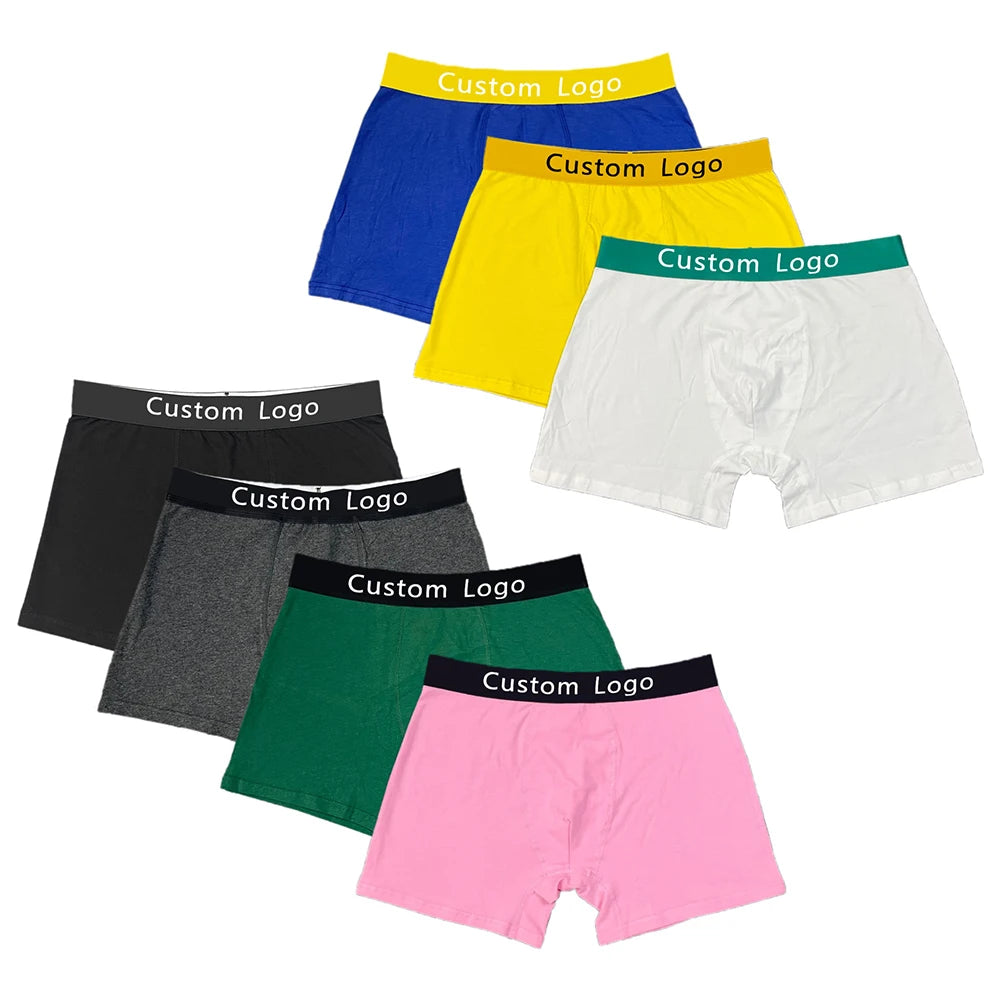 Customized Logo 100% Cotton Men Boxer Briefs Solid Color Boxer Shorts Design Your Own Brand Classic Men's Underwear