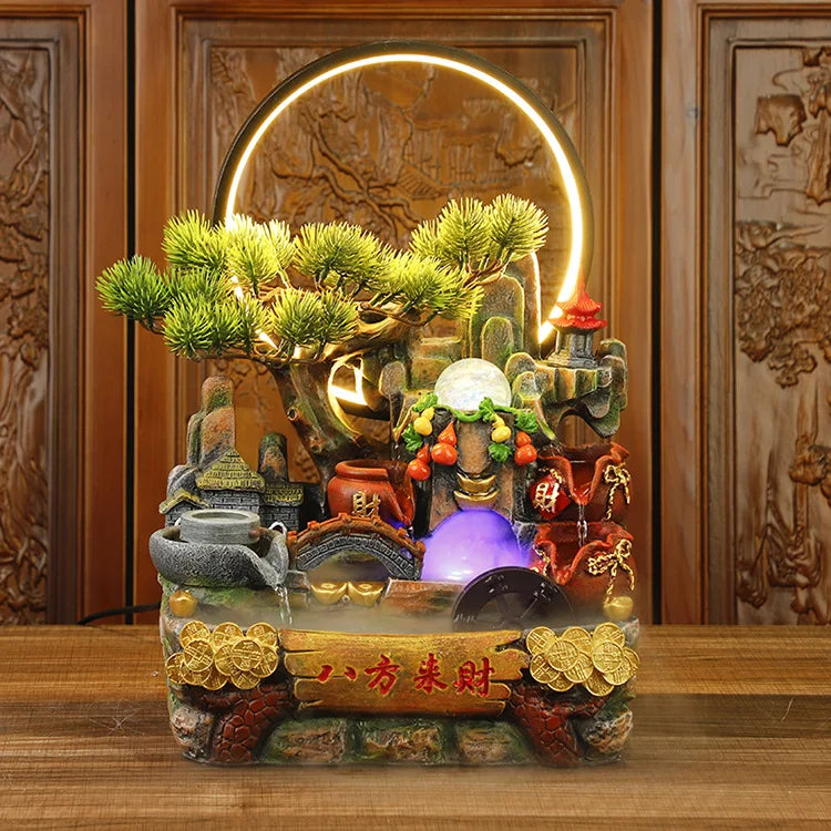 Chinese Style Desktop LED Lighting Fish Tank Alpine Flowing Water Fountain Humidifier Lucky Bag Ornaments Waterfalls
