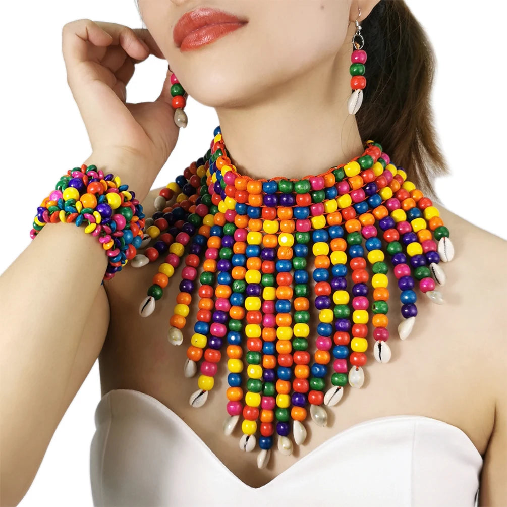 Bohemian Handmade Wooden Beads Shell Pendant Africa Jewelry Set Tassel Collar Necklace Adjustable Bracelet Drop Earrings Sets