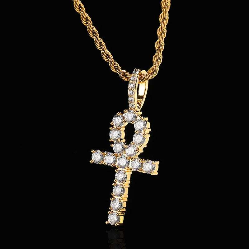 Hip Hop Iced Out Cross Pendant Bling 3A CZ Stone Gold Silver Ankh Pendant Jewelry for Women