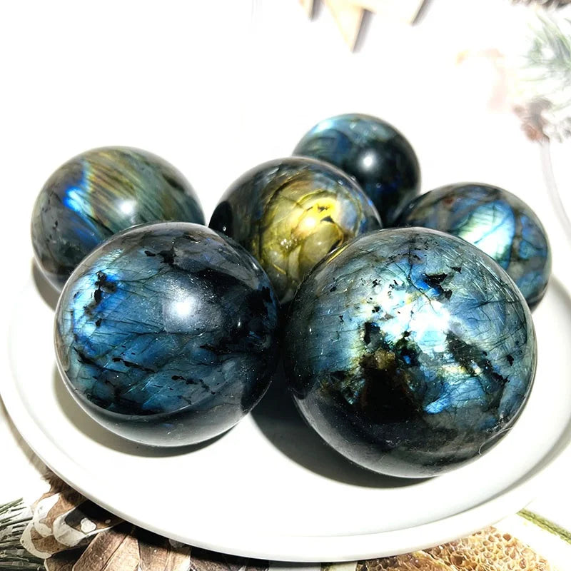 Hand Carved Natural Labradorite Sphere Quartz Crystal Sphere Ornament Reiki Healing Ball Crafts