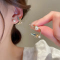 Fashion Fresh Water Pearl Ear Cuff Trendy Iced Out Pearl 925 Sterling Silver Crystal Leaf Stud Earrings Jewelry
