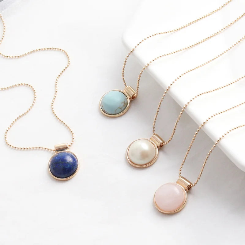 Simple Round Pearl Gemstone Pendant Necklace for Women Fashion Trend Bean Chain Natural Stone Crystal Choker Necklace