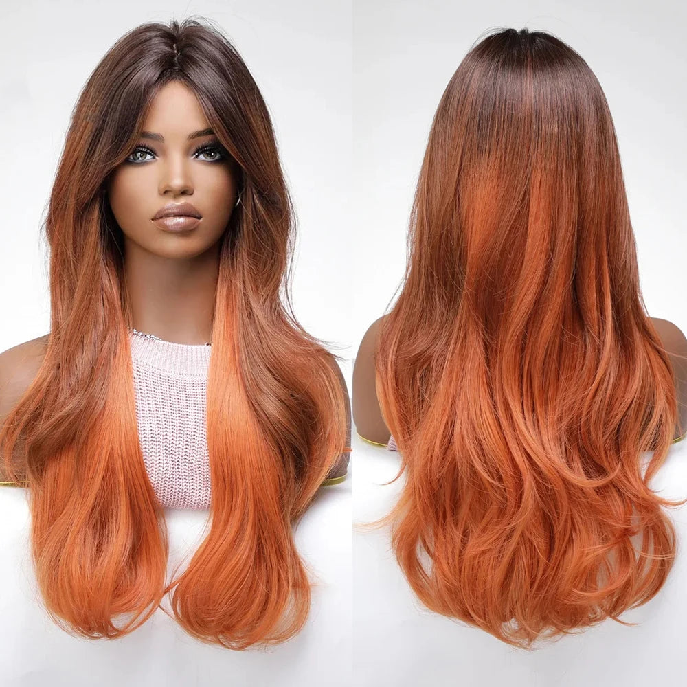 MOQ 1 Ombre Brown Orange Wig Long Wave Woman Wigs on Sale Clearance Party Daily Natural Synthetic Wig Heat Resistant Hair