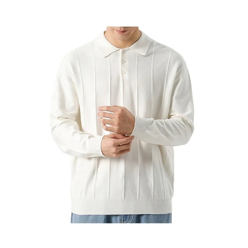 High Quality Men's Custom Logo Vintage Style Button Front Viscose Blend Knitted Oversized Long Sleeve Solid Golf Jersey