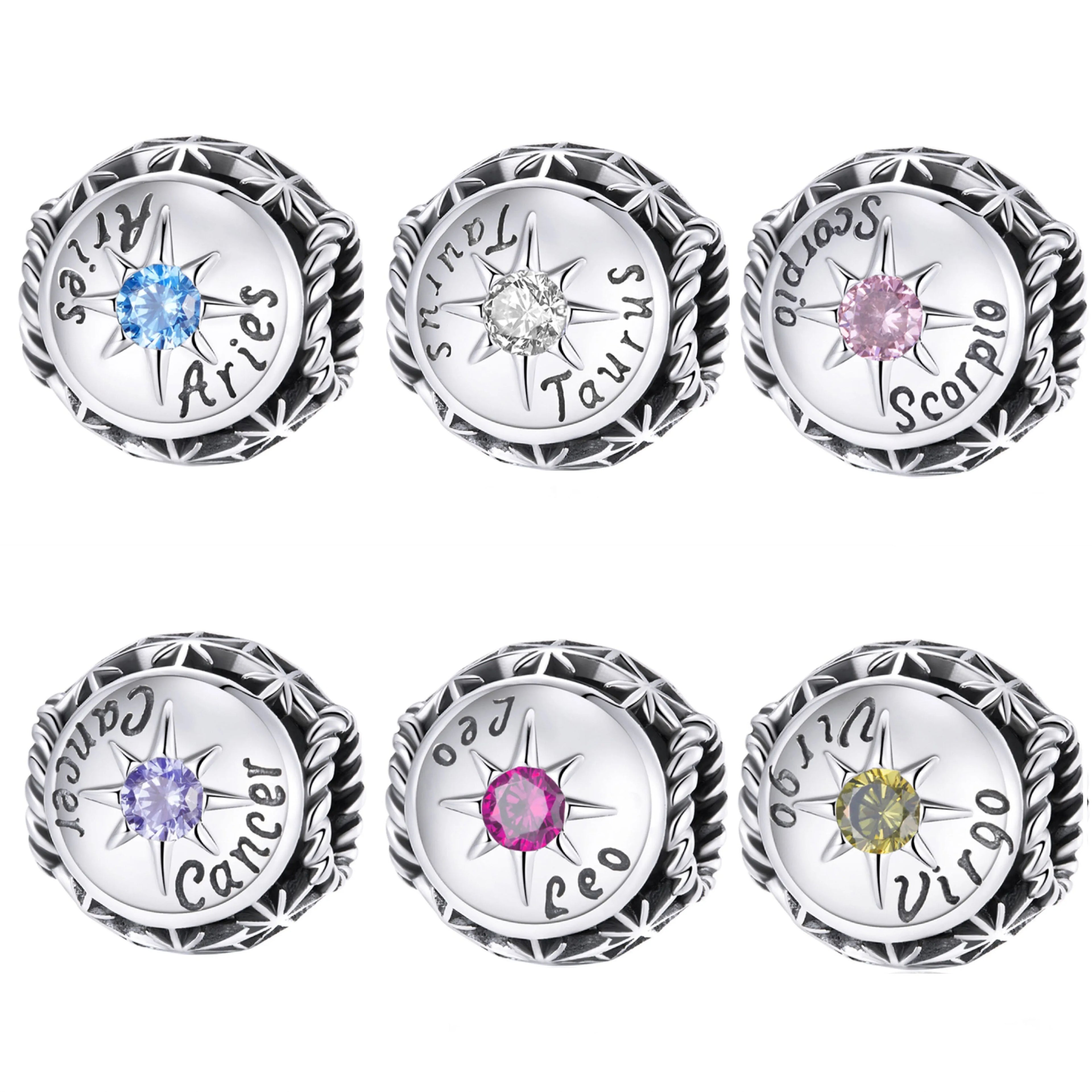 Handmade 12 Zodiac S925 Silver Charm Pendant for Bracelet 925 Sterling Silver with Colorful Beads Birthstone Gift Collection