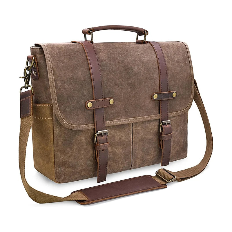 Large Capacity Mens Messenger Bag 15.6 Inch Waterproof Computer Bag Vintage Genuine Leather Waxed Canvas Briefcase