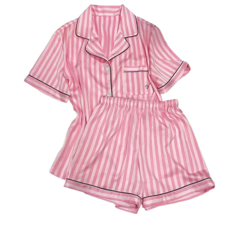 Lady's Printed Striped Satin Pajamas Quick Dry Long Short Sleeve-Available Plus Sizes Women Home Dress