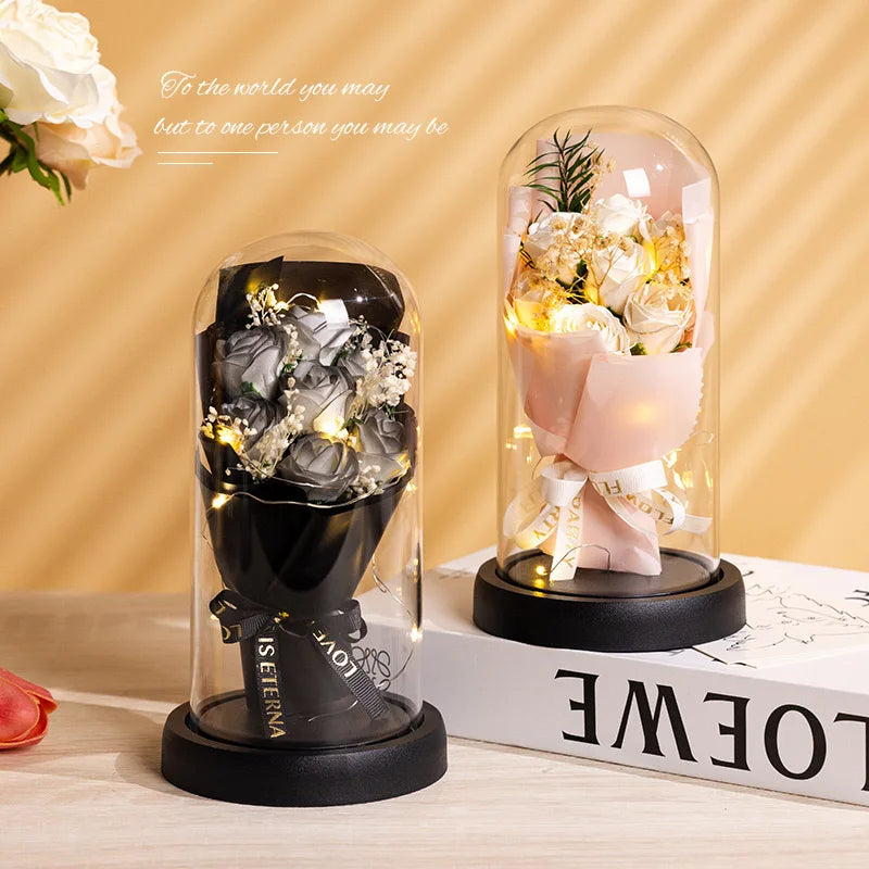 L  Factory Direct Sale Hot Soap Rose Acrylic Dome Flower for Graduation Valentine's Day Easter Rose Flower LED
