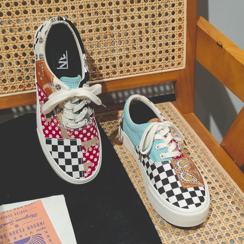 Sport 2026 New Latest Checkerboard Plaid Men's Lace up Low Top Fashion Canvas Shoes Women Trainers with Prints