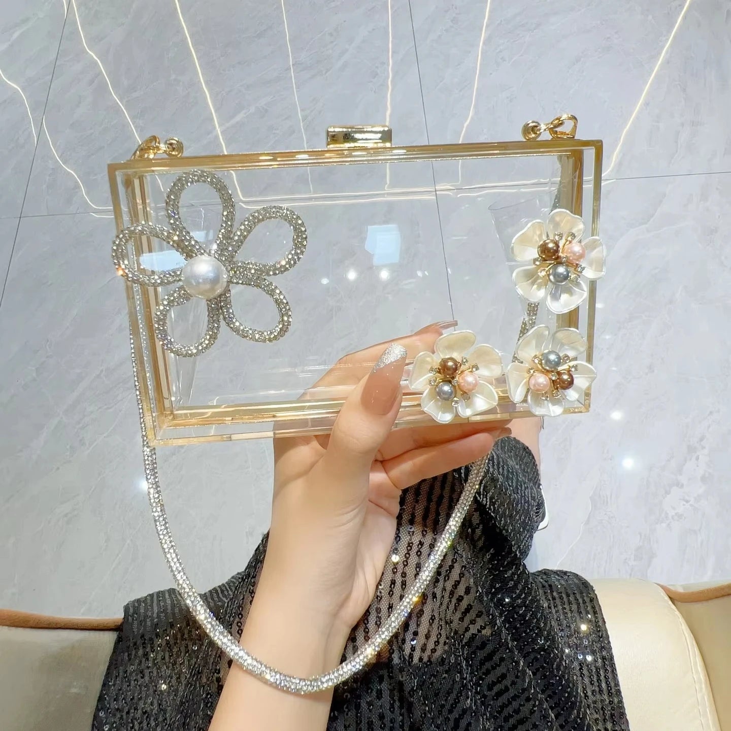 Luxury Clear Purse for Women Acrylic Square Clutch Bag Lady PVC Bags Transparent Purse Chain Shoulder Rhinestone Flower Handbag