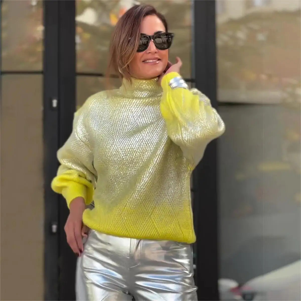 2026 Women Winter Autumn Heavy Weight Pullover Metallic Sweater Cable Knit Crew Neck Pullover Knitwear Sweater for Women