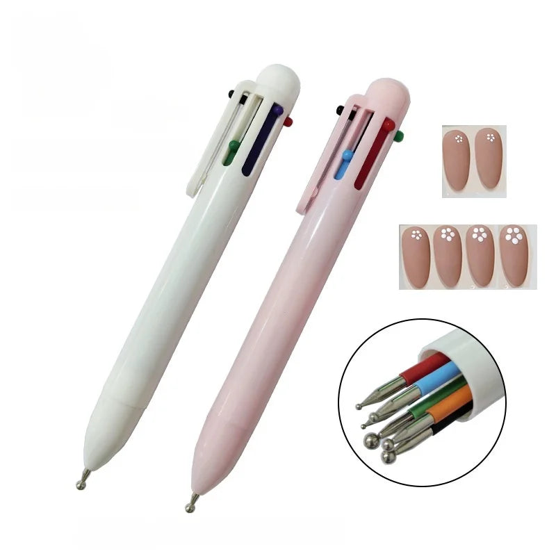 6-in-1 Multi-functional Press Point Drill Pen Bead Pen Point Flower Drawing Pen Wax Embellishment Nail Art Tools