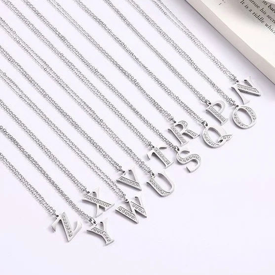Wholesale  Brass Alloy Material Available Half Rhinestone Diamond Initial English Letter Charm Necklace